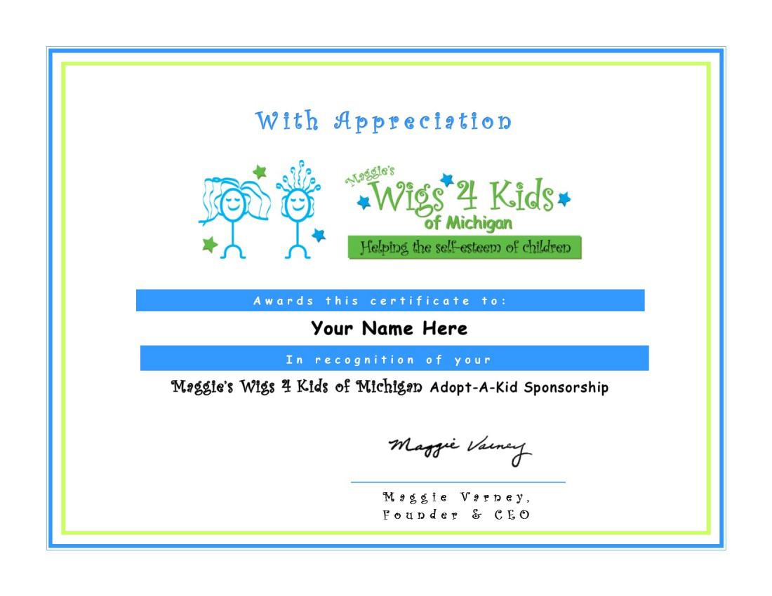 Adopt A Kid - Maggie's Wigs4Kids of Michigan  - certificate_of_appreciation(1)