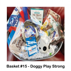 Dog Bowl,						           		       	  	
Treat Launcher,	 	   			                    		          	   
Dog Coffee Mug,						      	                         	
Play Strong Rubber Dog Toy, 				                                    	
American Journey Dog Treats,					                         	
Blue Buffalo Health Bars,							              	
Nylabone Chew Bone,						                         
Peatnut Butter & Banana Treats,		           				   
Kong Squeeze Toy