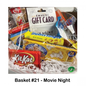 $25 Imagine Gift Card,							         	
White Chocolate Twix,							          
100 Grand,								          
Butter Finger,							         
Kit Kat,								                     
2 Boxes of Popcorn,								          
Munchie Mix,								                     
Reese’s Pieces