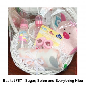 $25 Buy Buy Baby Gift Card,
2 Pink Baby Bottles,
Baby’s Christening Frame, Bath Mitt & Blanket,
Booties,
Flower Print Bowl,
Pink Baby Bottle Scrubber
