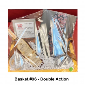 $193 Double Action Gift Card
(6-month membership
1 hour on the handgun range
1 hour on the rifle range),
2 Crystal Rock Glasses,
Basil Haydron Whiskey,
Silk Tie
