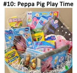 Peppa Pig Sticker Book, Peppa Pig Reading Book, Peppa Pig Learning Watch, Peppa Pig Shopping Tote, Peppa Pig Learning To Share Book, Peppa Pig Valentine's Day Book, Peppa Pig In Space Book, 24 Pack Crayons, 12 Pack Colored Pencils, Peppa Action Figures, Look & Find Adventure Book, Surprise Mini Camper, Baskin' Robbins Gift Card.

Total Basket Value: $102.00