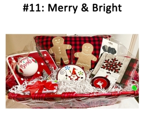 This basket includes various winter holiday items.