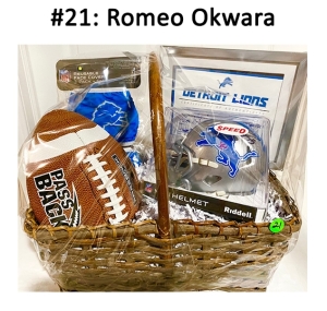 This basket includes a mini helmet, masks, football, and a hooded jacket.