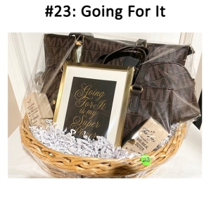 This basket includes a purse, candles, and a wall plaque.
