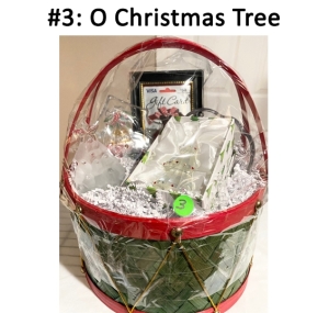 This basket includes a crystal Christmas tree, candle, serving dish, candy dish, and a gift card.