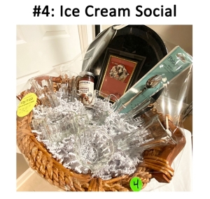This basket includes a serving tray, spoons, sundae dishes, chocolate fudge, mini pitcher, sugar bowl with creamer set, and a gift card.