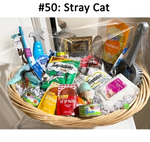 This basket includes a Swiffer, cat litter, gift certificate, brush, and various cat toys and treats.