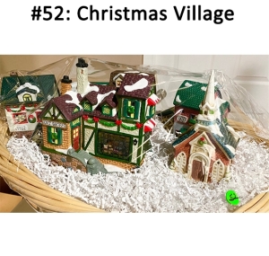 This basket includes a 6-piece Christmas village.