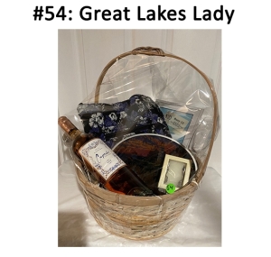 This basket includes earrings, purse, window hanging lighthouse, wine, wine glass, and a gift card.