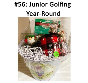 This basket includes a mug, ornaments, golf iron cleaner, and a golf ball figurine.
