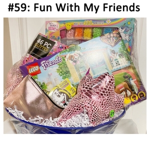 This basket includes a makeup bag, slippers, puzzle, lego set, jewelry studio, and gift card.