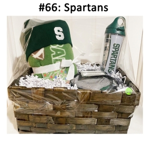 This basket includes a tumbler, hat, bean bag toss board, Go Green Go White canvas, and a blanket.