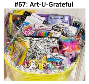 This basket includes a clipboard, frame boards, pom-poms, plush toy, tote, gift cards, lap tray, and various art utensils.