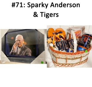 This basket includes a Detroit Tigers bangle, baseball, bobblehead, gift card, Sparky Anderson framed photo, and various MLB memorabilia.
