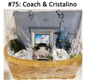 This basket includes a ceramic ring holder, purse/tote, gift card, Cristalino Jaume Serra brut, wine glass, candle, and hand soap.