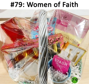 This basket includes a Women of Faith Contagious Joy Study Guide, gift card, Terre Nerre Rosewater & aloe toner, mug, tea, nail polish, earrings, and a bracelet.