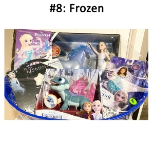 This basket includes various Frozen memorabilia.