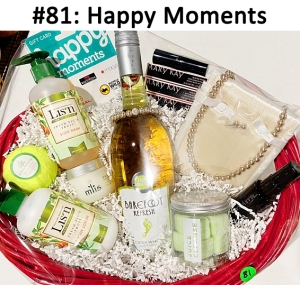 This basket includes a necklace, bracelet, earrings, gift card, body wash, lotion, exfoliate sugar cube, vanishing cream, bath bomb, eye shadow, lipstick, finishing spray, and wine.