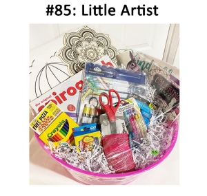 This basket includes coloring books, canvas, pencil pouch, spirograph, scissors, pencil holder cup, plaque, and various art utensils.