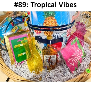 This basket includes rum, inflatable decor, bowl, serving dish, paper plates & napkins, storage bins, planter container, tumbler, gift card, and a coloring book.