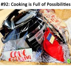 This basket includes a pressure cooker, towel, hand mitt, pot holders, and tongs.
