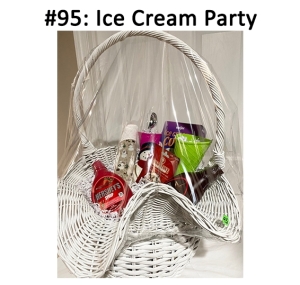 This basket includes an ice cream party in the Enchanted Tea Room at Wigs 4 Kids, ice cream cone cups, ice cream scooper, party table runner, spoon holder, syrups, and a gift card.