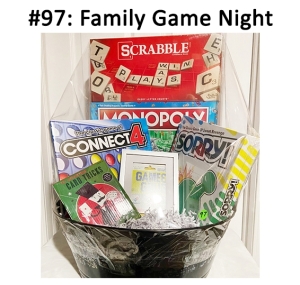 This basket includes a gift card and a variety of tabletop games.